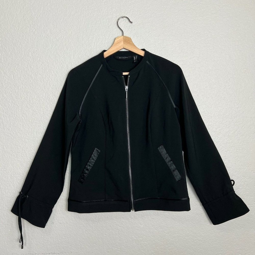 H by Halston Zip Front Bomber Jacket Size 4 Drawstring Sleeves Black A350234 - Picture 5 of 12